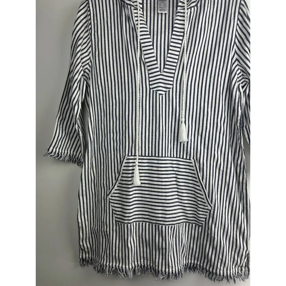 Tommy Bahama Yarn Dyed Striped Cotton Hoodie Pullover Swim Cover Beach Top Large - Picture 3 of 9